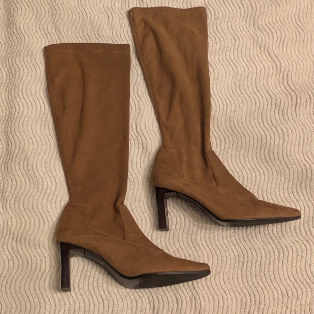 Chic Tan Heeled Boots for Women Sock Boot Faux Suede